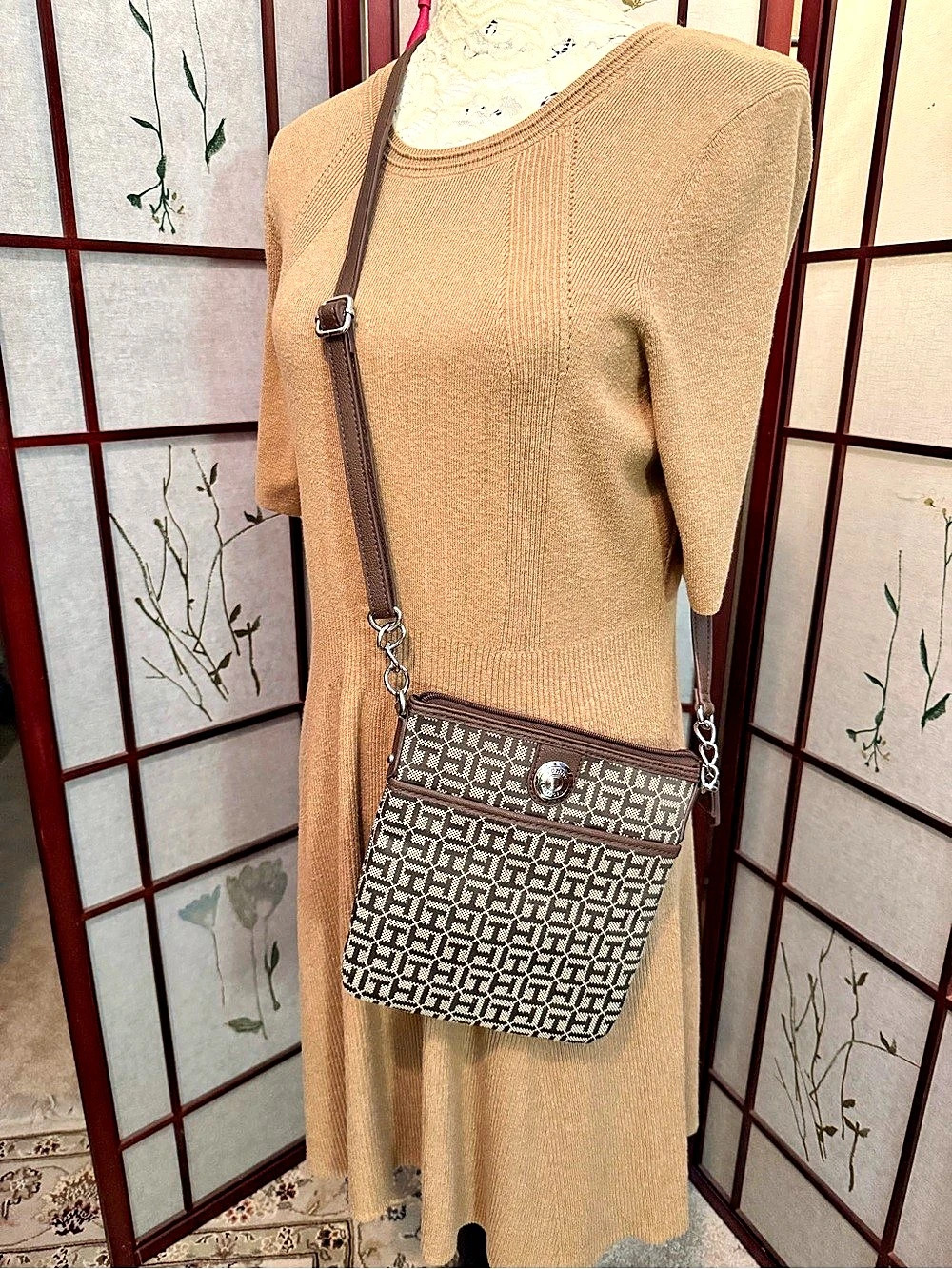 Tommy Hilfiger Monogram Jacquard Crossbody Bag Brown & White